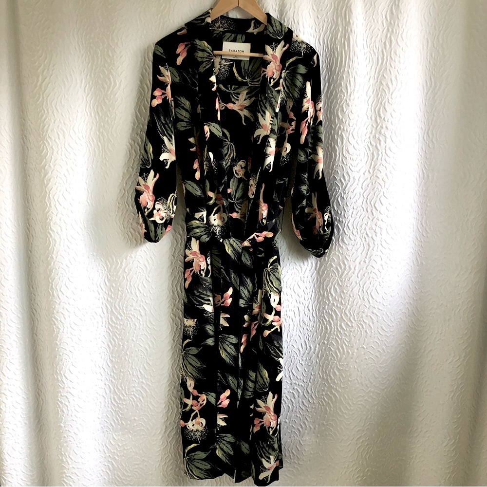 Aritzia Kahlo Longline Duster Satin Wrap Coat Jacket Tropical Floral Black